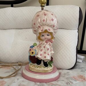 Vintage Ceramic Girl Lamp with Pink Polka Dots